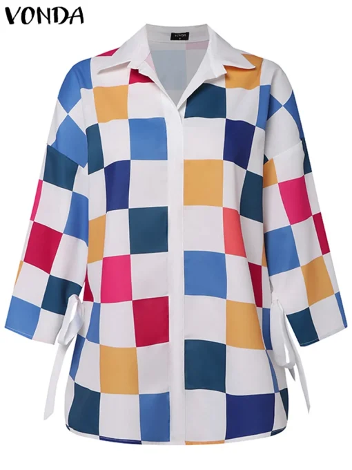 Plus Size Elegant Patchwork Plaid Office Blouse - Image 2