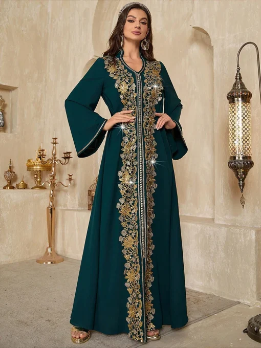 Floor-Length Muslim Ice Silk Crepe Dress with Trumpet Sleeves - Image 5