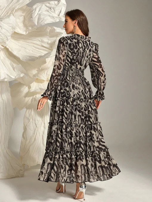 Leopard Print Ruffled Collar Long Sleeve Maxi Dress - Image 2