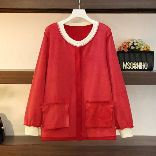 Plus Size Women's Red Velvet Button Jacket Coat - Image 3