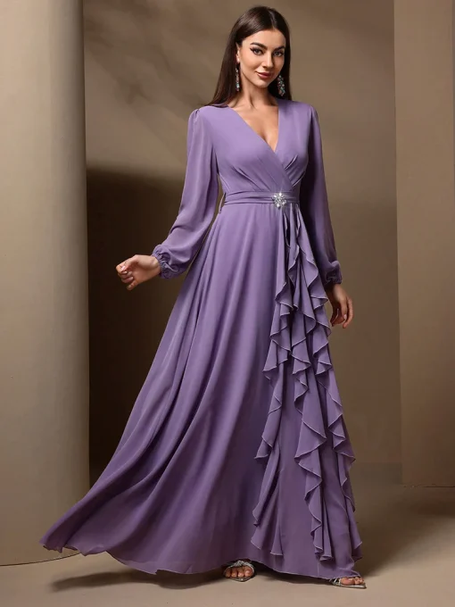 Elegant Draped Ruffle Maxi Dress with Rhinestone Detail - Image 2