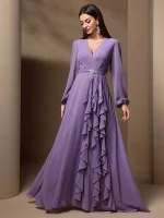 Elegant Draped Ruffle Maxi Dress with Rhinestone Detail