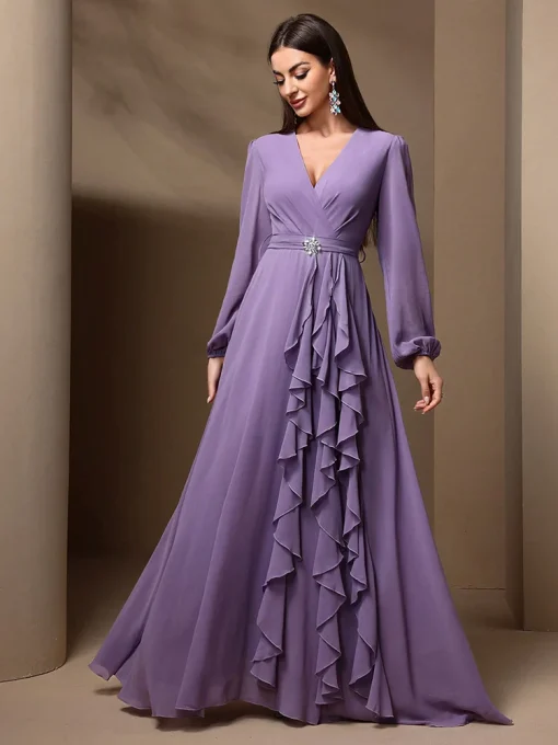 Elegant Draped Ruffle Maxi Dress with Rhinestone Detail