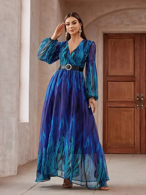 V-Neck Belted Mesh Random Print Maxi Party Dress - Image 3