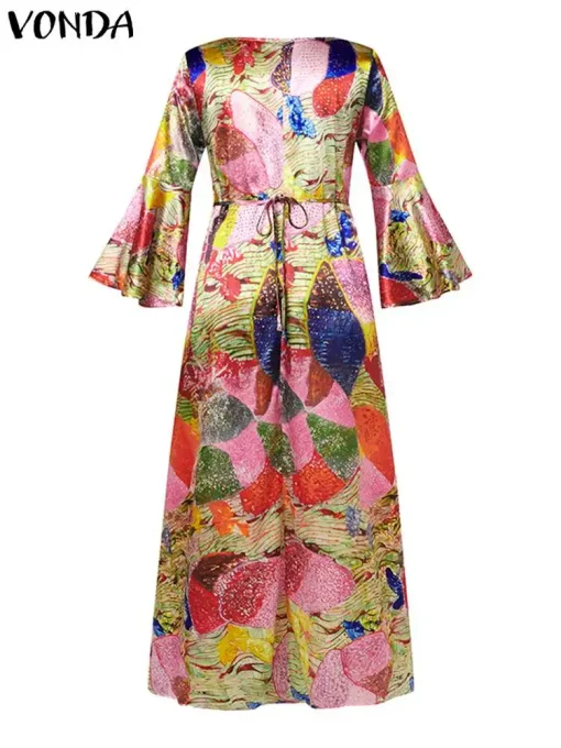 Bohemian Maxi Dress Long Flare Sleeve Printed Casual Sundress - Image 5