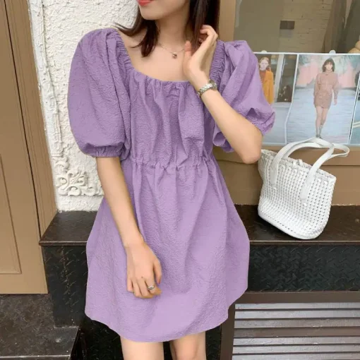 Women Summer Puff Sleeve Square Collar Mini Sundress - Image 5