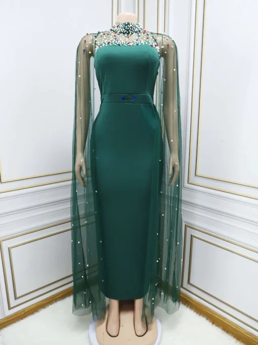 Elegant Nail Bead Shawl High Neck Long Sleeve Maxi Dress - Image 5