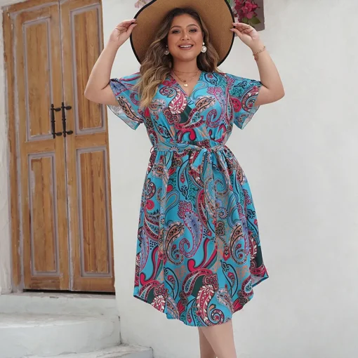 Elegant Plus Size V-Neck Printed Beach Summer Dress - Image 5