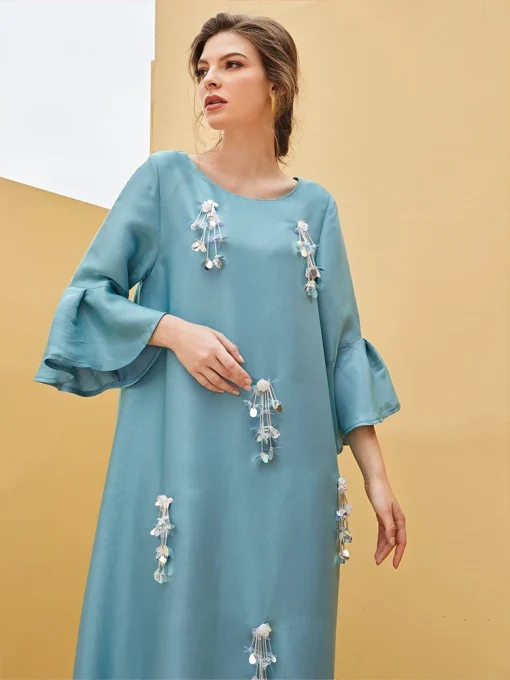 Women's Floor-Length Beaded Crew-Neck Trumpet Sleeve Dress - Image 4