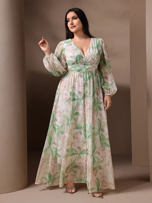 Plus Size Casual Elegant Floral Print Lantern Sleeve Dress - Image 4