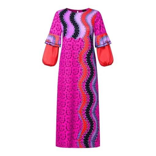 Bohemian Retro Printed Maxi Dress with Puff Sleeves for Women