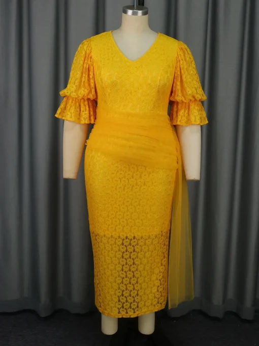 Elegant Yellow Lace Bodycon Dress with Bubble Sleeves - Image 3