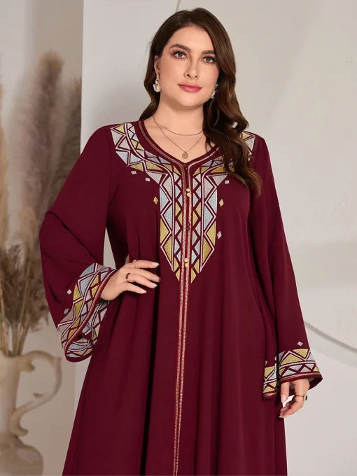 Plus-Size Women Embroidered V-neck Maxi Arab Ethnic Dress - Image 6