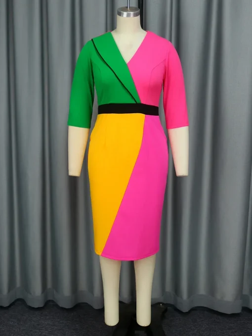 Color Block Midi Dress with V-Neck and Half Sleeves - Image 2