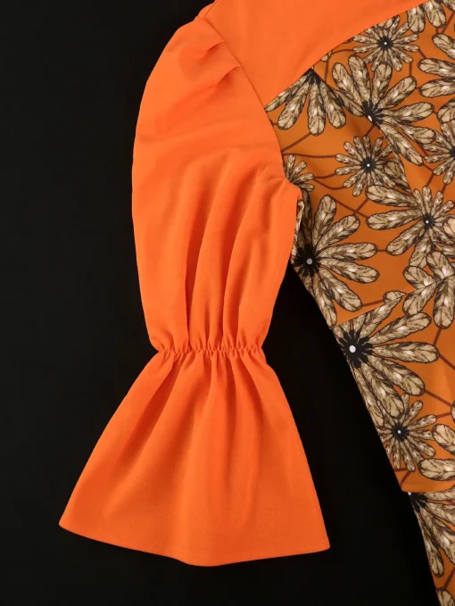 Orange Petal Printed Bodycon Midi Dress with Bell Sleeves - Image 6