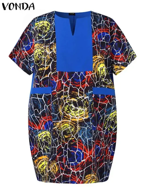 Plus Size Bohemian Printed V-Neck Summer Mini Dress - Image 2