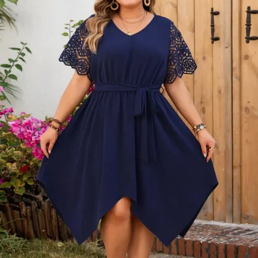 Plus Size Irregular V-Neck Print Casual Party Dress - Image 6