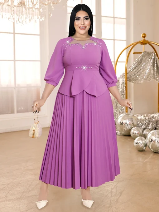 Purple Beaded Evening Dress with Bubble Sleeves for Women