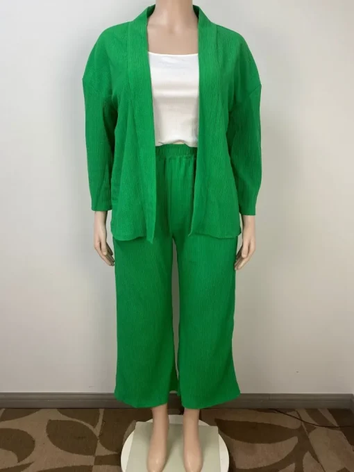 Plus Size Green Shirt and Wide Leg Pants Set - Image 2