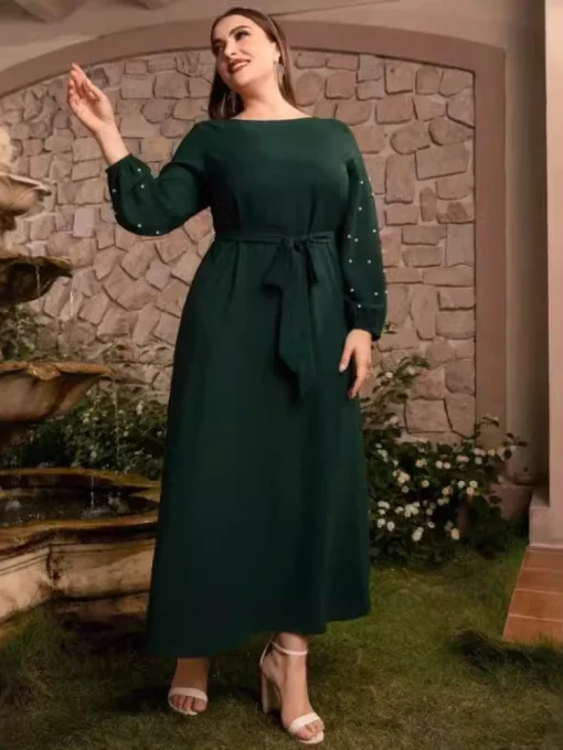 Elegant Plus Size Retro Long Sleeve Beaded Dress