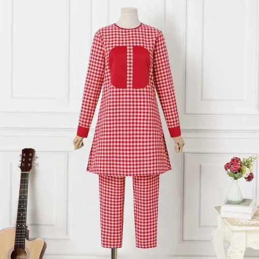 Women’s Elegant Summer Long Sleeve Plaid Pant Set - Image 6