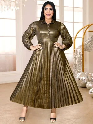 Shiny Gold Pleated Maxi Dress with Turn Down Collar
