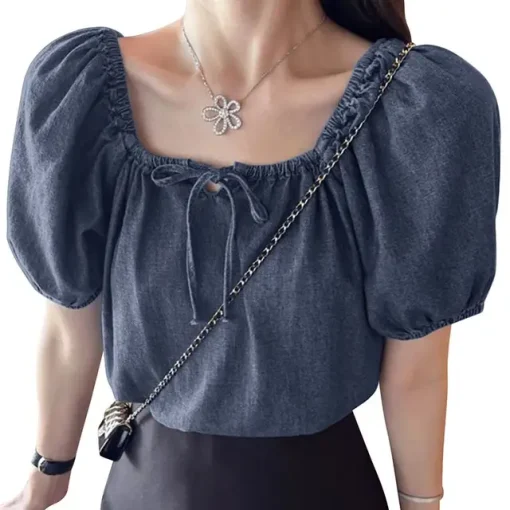 Women's Denim Puff Sleeve Casual Oversized Tunic Blouse - Image 6