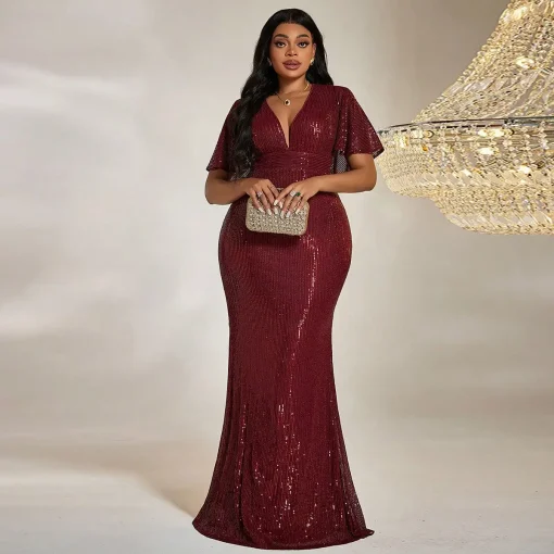 Plus Size Long Sleeve Sequined Fish Tail Maxi Dress - Image 3