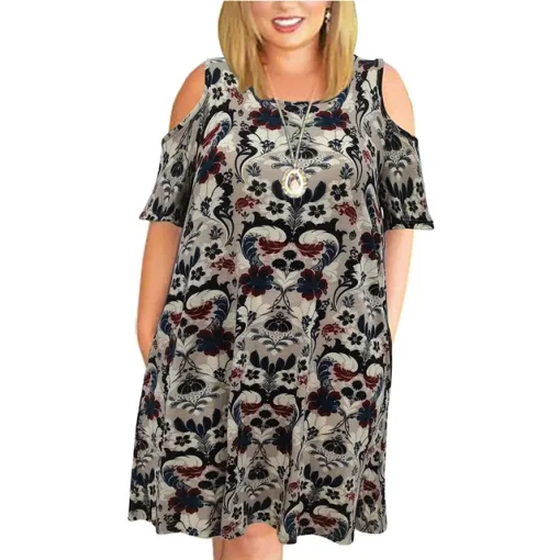 Plus Size Loose Off-Shoulder Printed Summer Dress - Image 14