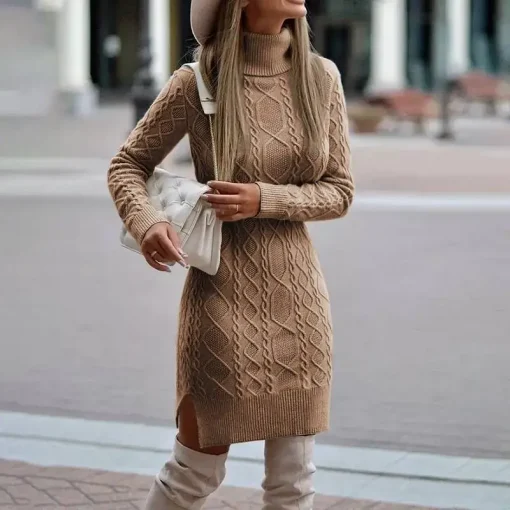 Solid Split Twist Turtleneck Sweater Dress for Women - Image 5