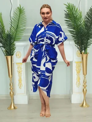 Plus Size Printed Polyester Long Dress with Belt for Women