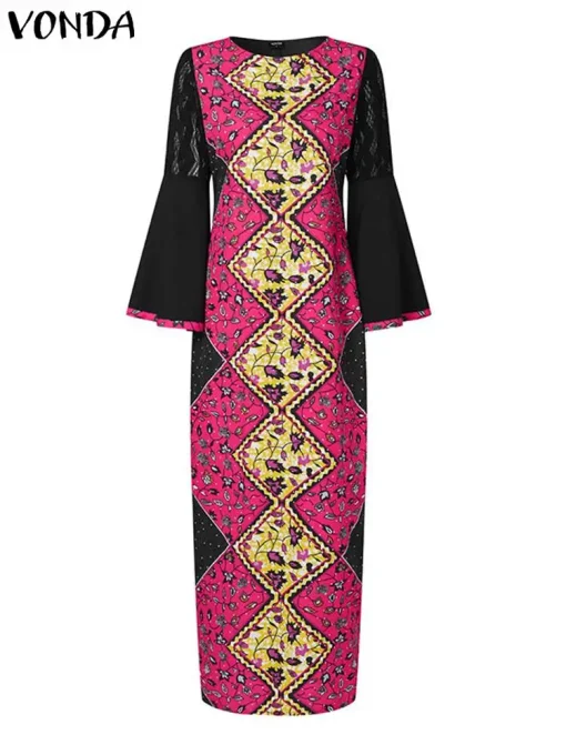 Summer Printed Maxi Dress with Lace Patchwork - Image 2