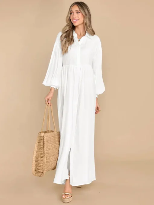 Plus Size Monochromatic White Linen Button Dress for Women - Image 2