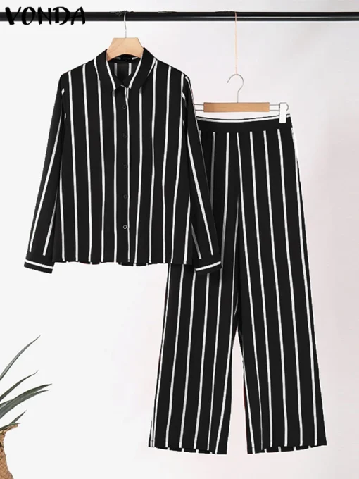 Plus Size Vintage Striped Pants Set for Women - Image 3