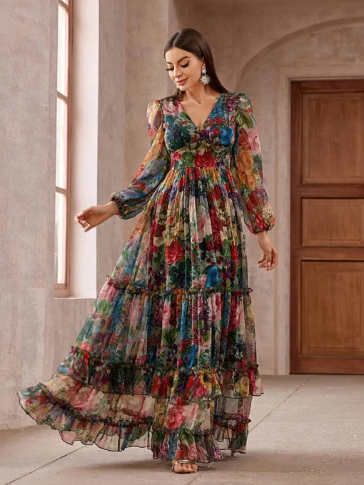 Casual Elegant Boho Floral Print Long Sleeve Summer Maxi Dress - Image 4