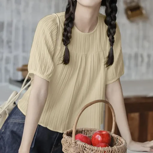 Elegant Summer Short Puff Sleeve O-Neck Blouse