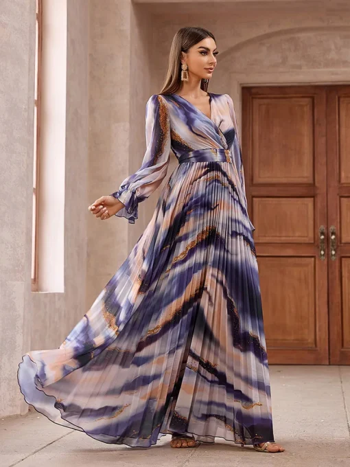 Elegant Boho V-Neck Ruffle Sleeve Printed Abaya Dress - Image 6