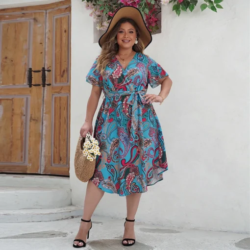 Elegant Plus Size V-Neck Printed Beach Summer Dress - Image 3