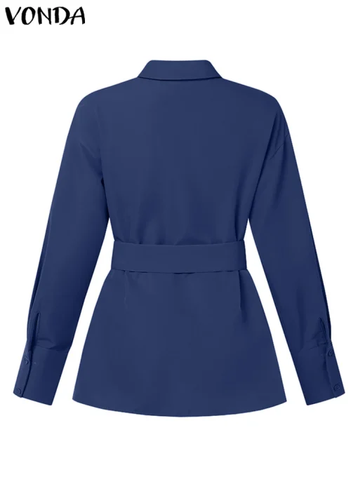 Women's Elegant Long Sleeve Belted Tunic Shirt - Image 3