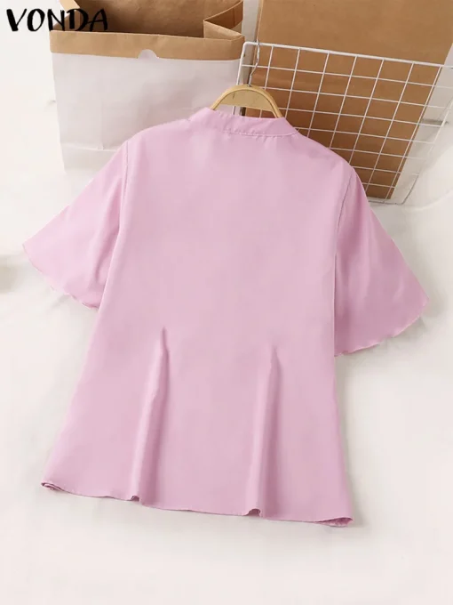 Elegant Satin Blouse with Tie Short Sleeves - Image 3