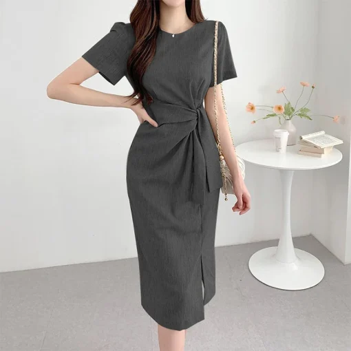 Women Elegant Midi Dress Casual Loose Short Sleeve Sundress