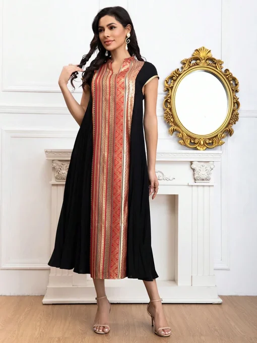 Luxury Arabian Contrast Leaf Print Notched Neckline Midi Dress - Image 3