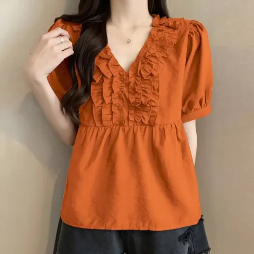 Women’s Elegant Ruffled V-Neck Short Sleeve Blouse - Image 6