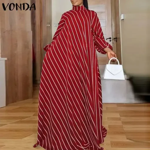 Women's Striped Bohemian High Neck Maxi Dress - Image 9