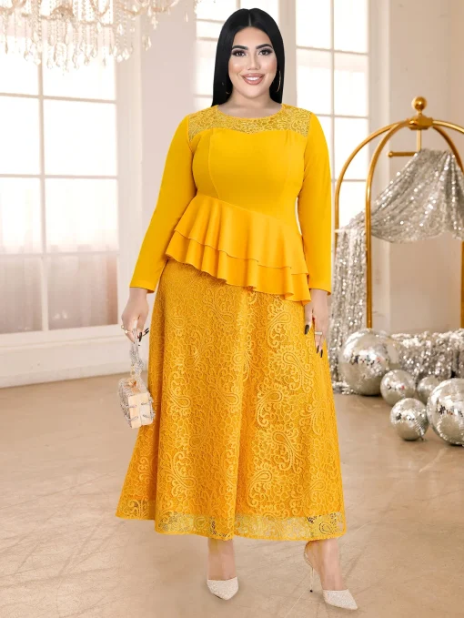 Autumn Yellow Lace A-Line Dress with Ruffle Hem