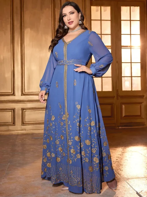 Plus Size Embroidered Lantern Sleeve Applique Maxi Dress - Image 2