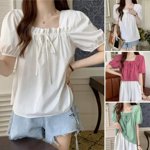 Summer Ruffle Casual Short Sleeve Square Neck Blouse