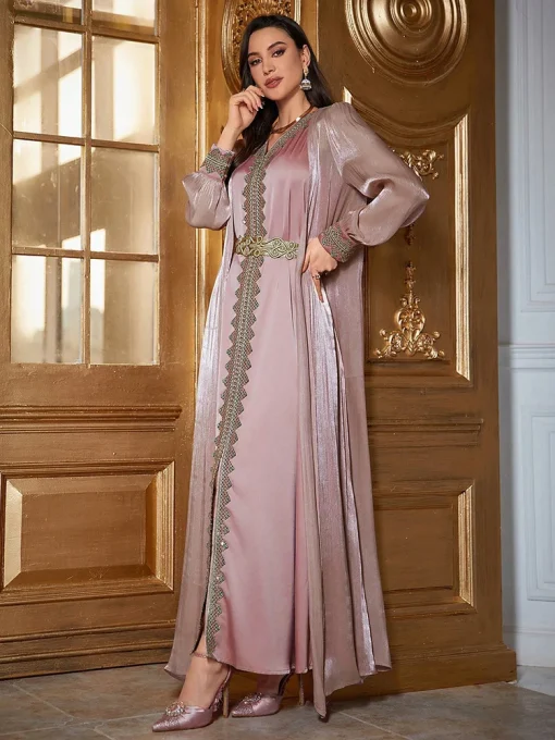 Luxury Elegant Floral Applique Long Sleeve Kaftan Party Dress - Image 4