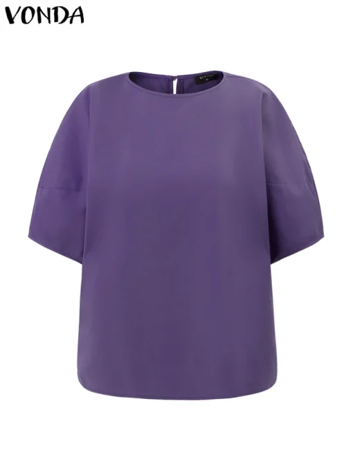 Women's Elegant Solid Color O-Neck Short Sleeve Blouse - Image 2