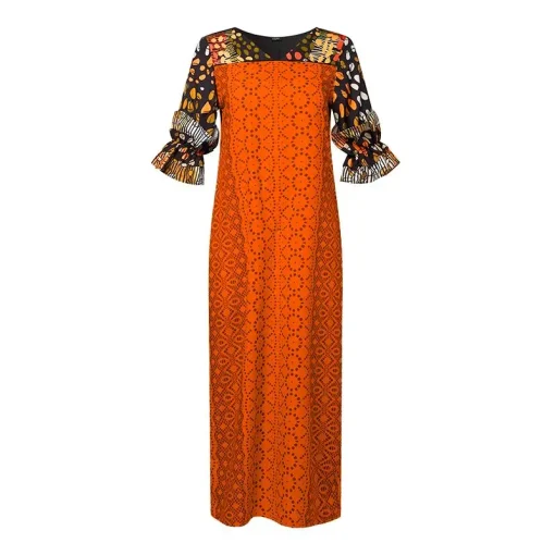 Plus Size Bohemian Printed Maxi Dress Flare Sleeve Sundress